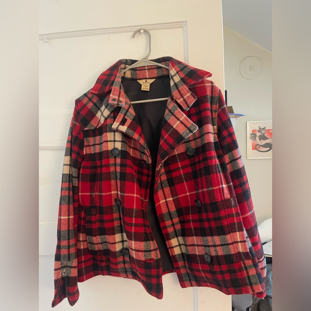Woolrich Red and Black Plaid Pea Coat